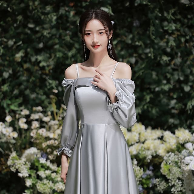 Puff-Sleeve Plain Maxi A-Line Bridesmaid Dress