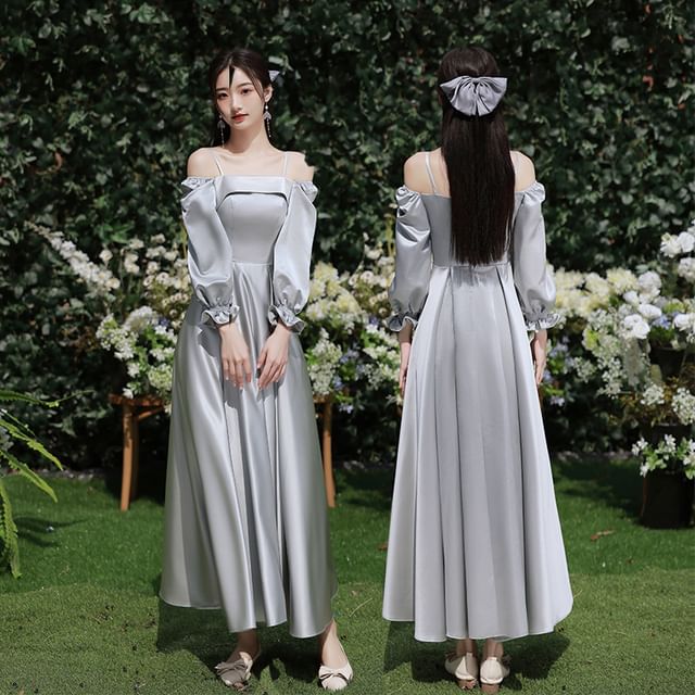 Puff-Sleeve Plain Maxi A-Line Bridesmaid Dress