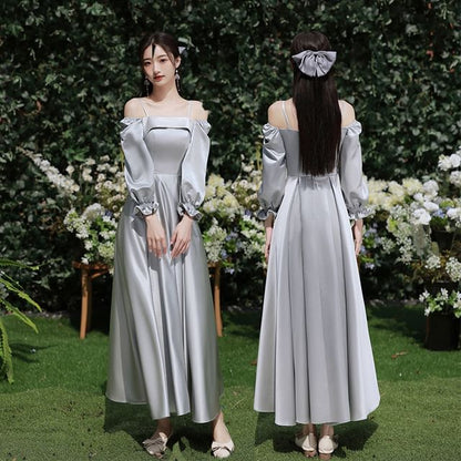 Puff-Sleeve Plain Maxi A-Line Bridesmaid Dress