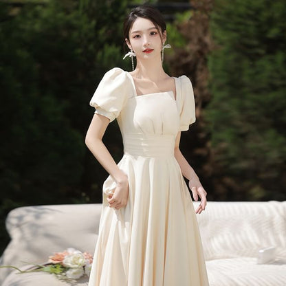 Puff-Sleeve Plain Maxi A-Line Bridesmaid Dress / Cold-Shoulder Maxi Bridesmaid Dress