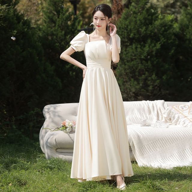 Puff-Sleeve Plain Maxi A-Line Bridesmaid Dress / Cold-Shoulder Maxi Bridesmaid Dress