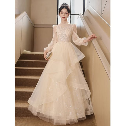 A-Line Evening Print Ruffle Butterfly Gown Sequin Puff-Sleeve