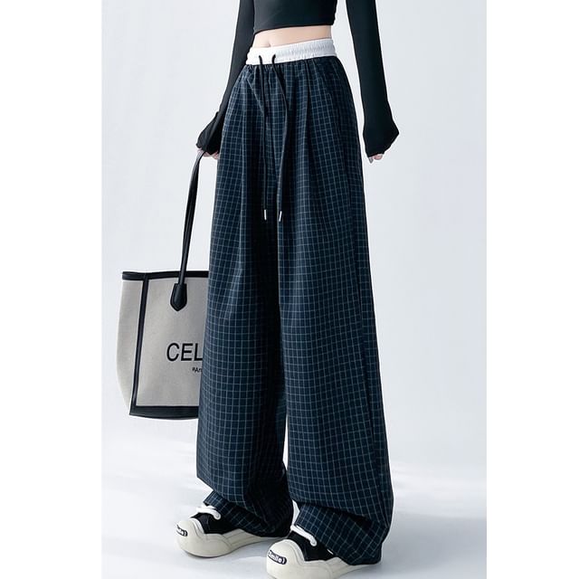 Plaid Panel High Waist Drawstring Wide Leg Pants