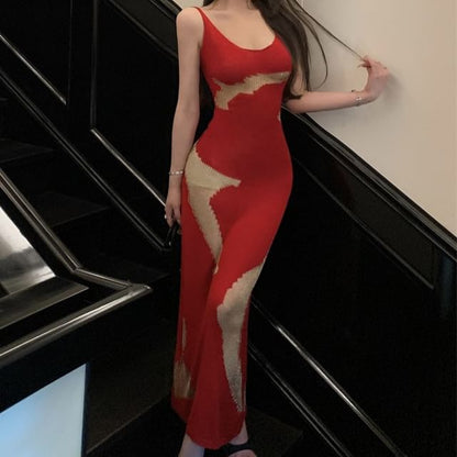 Ärmelloses, figurbetontes Maxikleid mit U-Ausschnitt und Bindeband