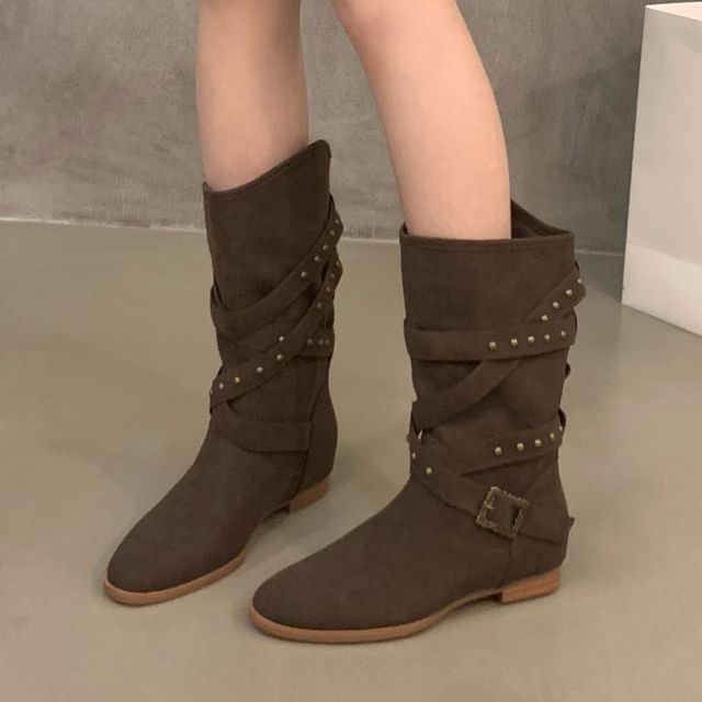 Plain Buckled Mid-Calf Boots