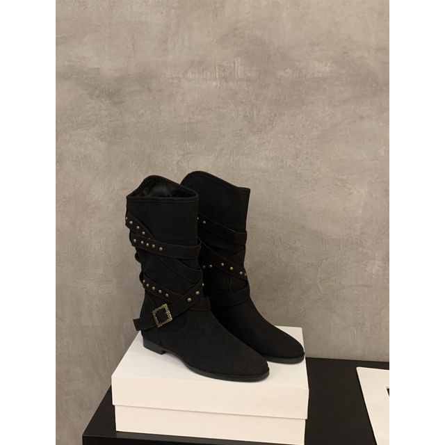 Plain Buckled Mid-Calf Boots