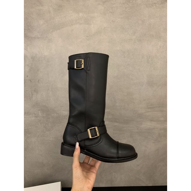 Plain Buckled Mid-Calf Boots