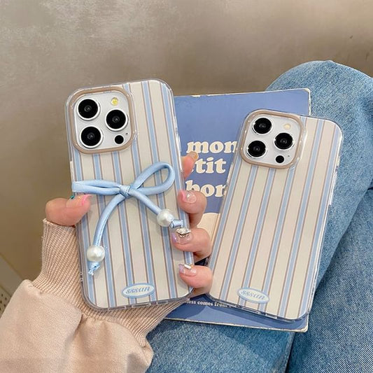Striped Phone Case / Faux Pearl Bow Adhesive Decoration / Set