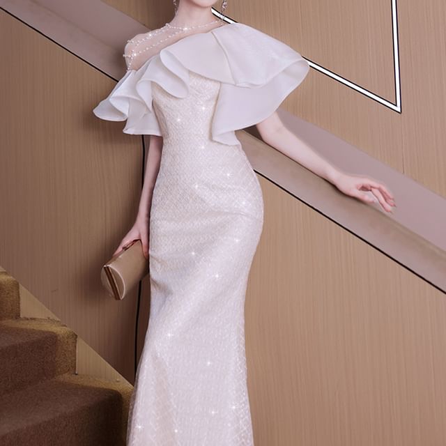 Beaded Trim Gown Sequin Short-Sleeve Mermaid Evening Ruffle