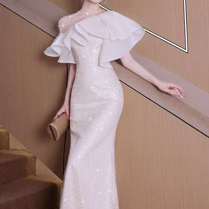 Beaded Trim Gown Sequin Short-Sleeve Mermaid Evening Ruffle