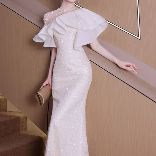 Beaded Trim Gown Sequin Short-Sleeve Mermaid Evening Ruffle