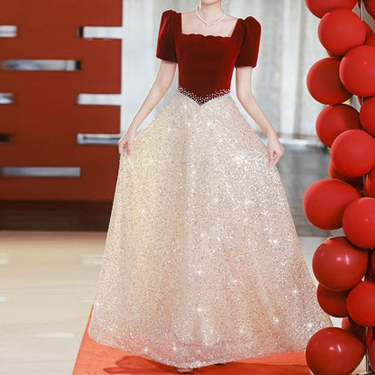 Sequin Neck Short-Sleeve Square A-Line Evening Gown Panel