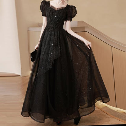 A-Line Gown Plain Evening Short-Sleeve Sequin