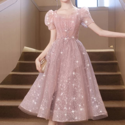 Midi Short-Sleeve Cocktail Dress Mesh A-Line Sequin