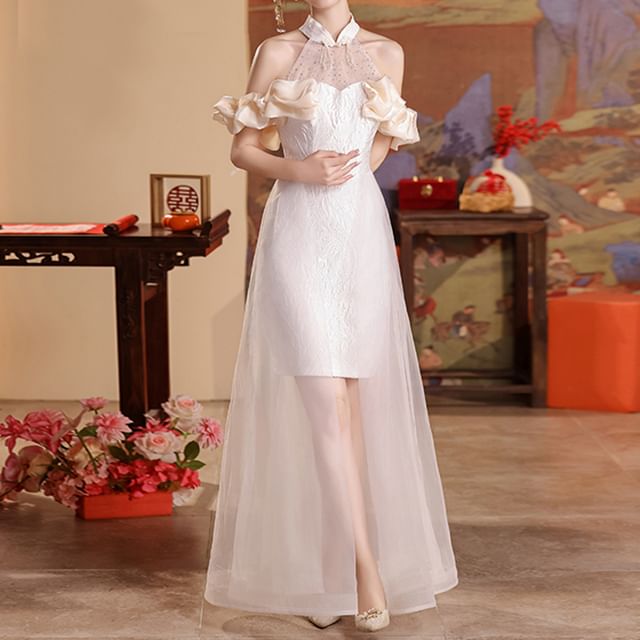 Halter Cold-Shoulder Asymmetrical A-Line Wedding Dress