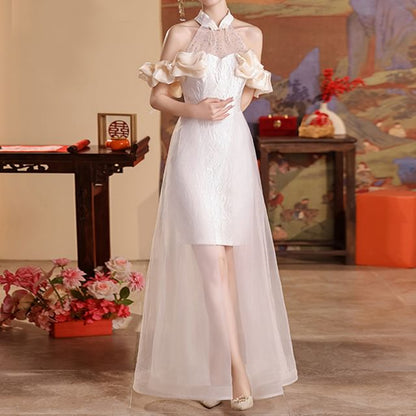 Halter Cold-Shoulder Asymmetrical A-Line Wedding Dress