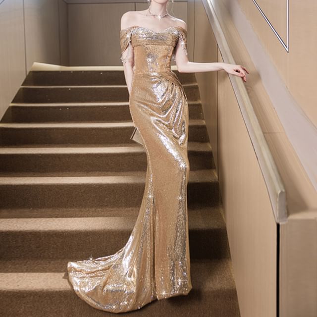 Sequin Off-Shoulder Evening Gown Cap-Sleeve Sheath