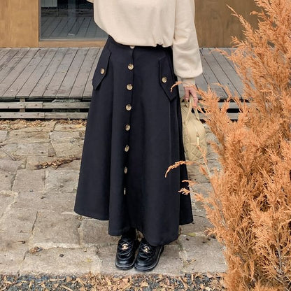 Plus Size High Waist Plain Buttoned Maxi A-Line Skirt