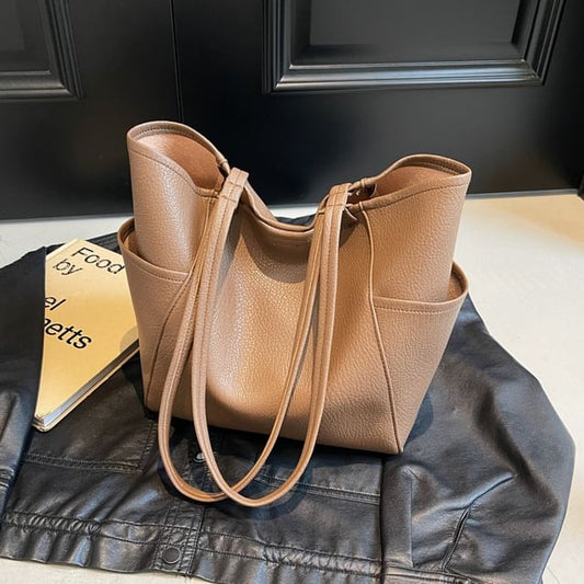 Set: Plain Faux Leather Tote Bag + Pouch