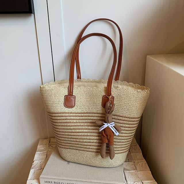 Sac fourre-tout en paille à motifs / Bijou de sac / Ensemble