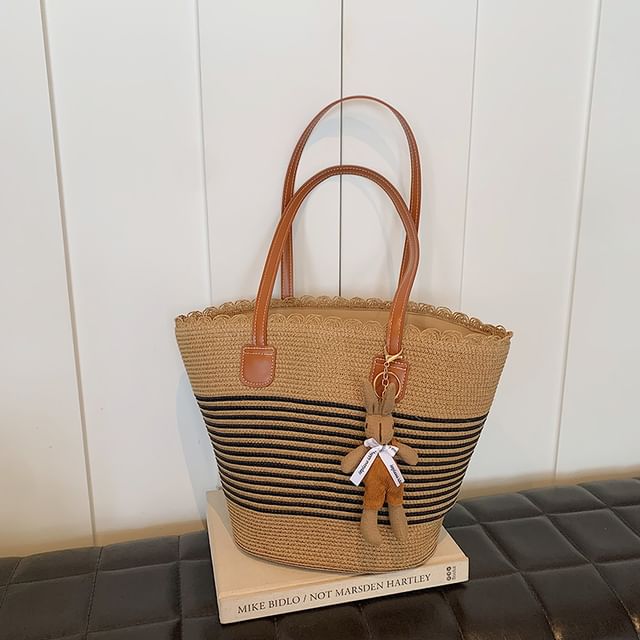 Patterned Straw Tote Bag / Bag Charm / Set