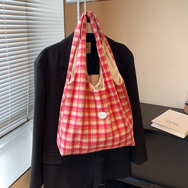 Plaid Applique Tote Bag