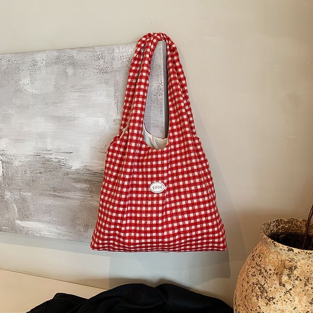 Plaid Applique Tote Bag