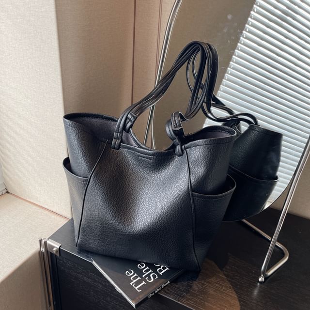 Set: Plain Faux Leather Tote Bag + Pouch