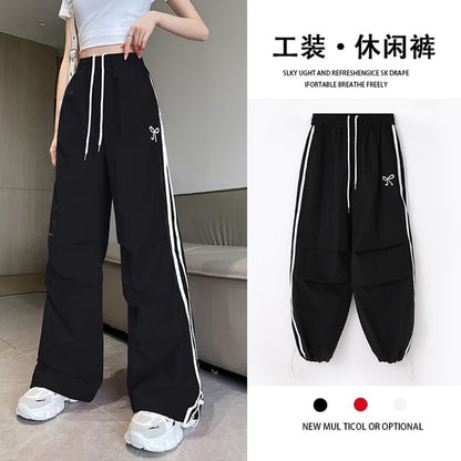 High Rise Bow Print Striped Loose-Fit Wide-Leg Sweatpants