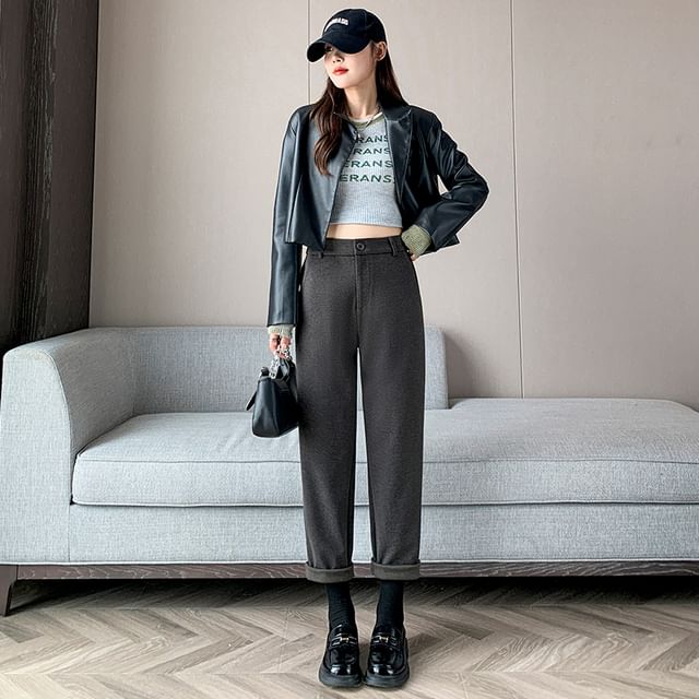 Plain High Rise Straight Cut Crop Knit Dress Pants