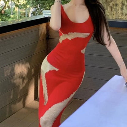 Dress Patterned Sleeveless Neck Maxi Bodycon Scoop Open Back