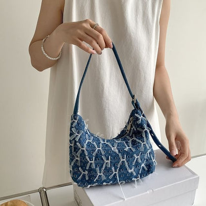 Bow Washed Perforated Denim Shoulder Bag