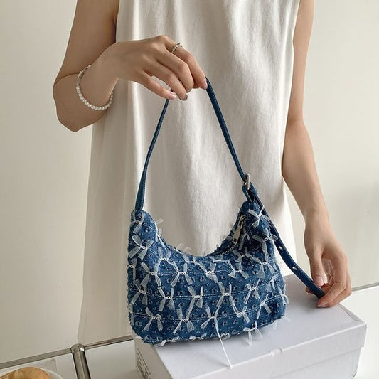 Bow Washed Perforated Denim Shoulder Bag