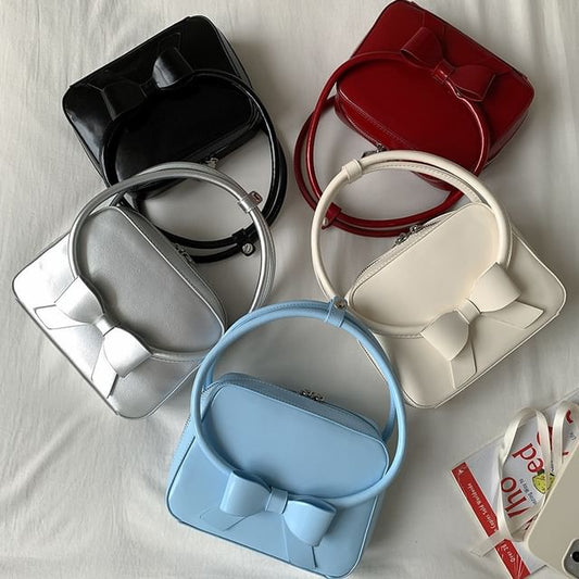 Plain Bow Accent Faux Leather Handbag