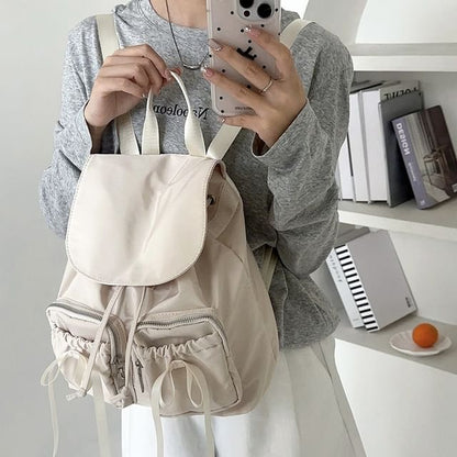 Plain Bow Accent Drawstring Nylon Flap Backpack