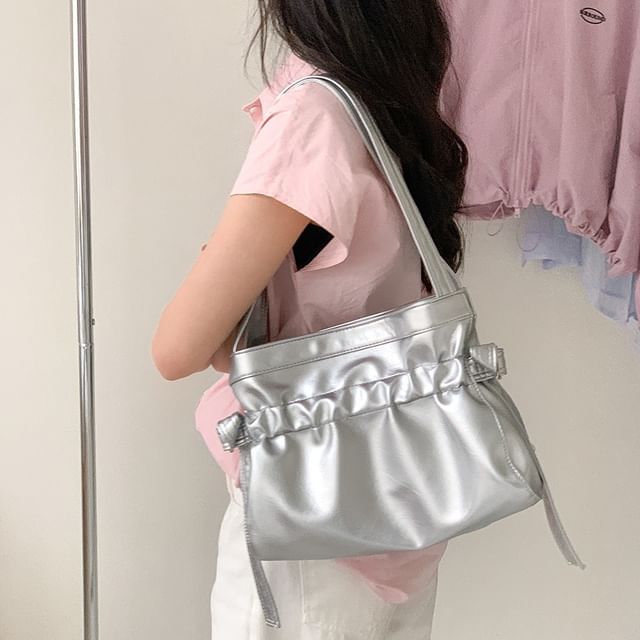 Plain Drawstring Faux Leather Tote Bag