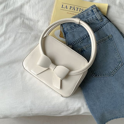 Plain Bow Accent Faux Leather Handbag