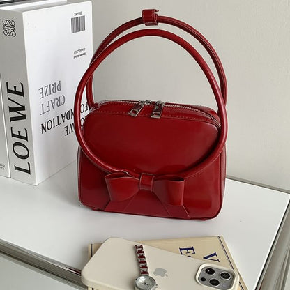 Plain Bow Accent Faux Leather Handbag