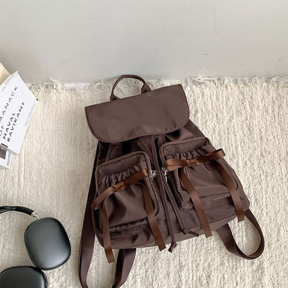 Plain Bow Accent Drawstring Nylon Flap Backpack
