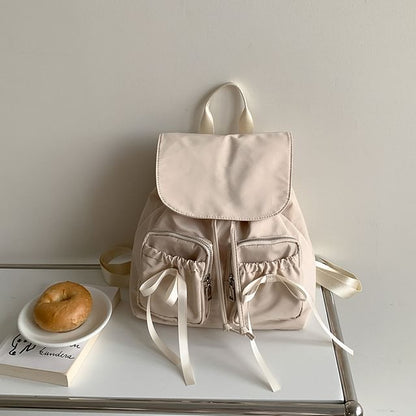 Plain Bow Accent Drawstring Nylon Flap Backpack