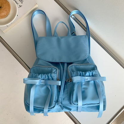 Plain Bow Accent Drawstring Nylon Flap Backpack