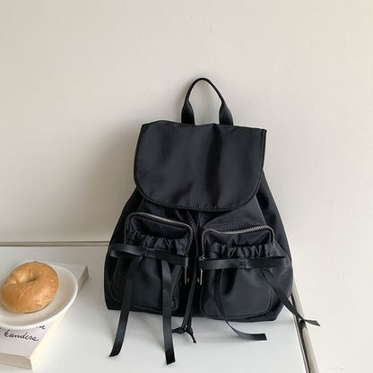 Plain Bow Accent Drawstring Nylon Flap Backpack