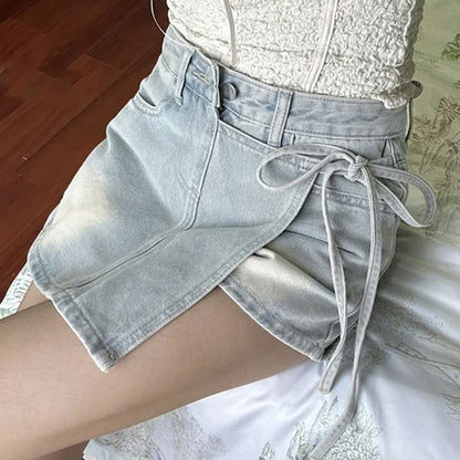 High Waist Asymmetrical Tie Side Mini A-Line Denim Skort