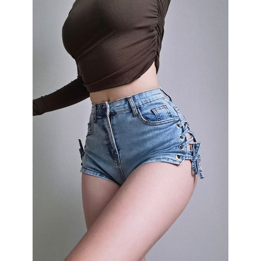 Lace Up-Side High-Waist Denim Shorts