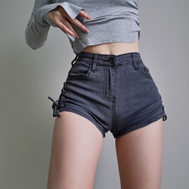 Lace Up-Side High-Waist Denim Shorts