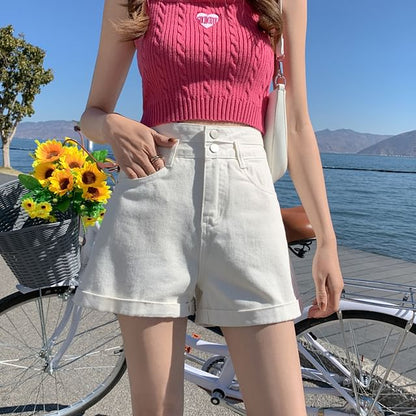 High Waist Roll Up Hem Denim Shorts