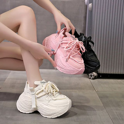Platform Plain Lace-Up Faux Leather Sneakers