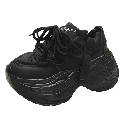 Platform Plain Mesh Panel Lace-Up Faux Leather Sneakers