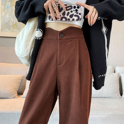 High Rise Plain Corduroy Wide Leg Slacks