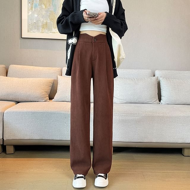 High Rise Plain Corduroy Wide Leg Slacks